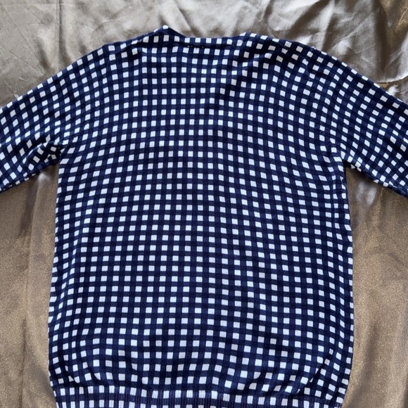 Navy/White Gingham Cotton Cardigan Houndstooth Plaid Button Front 3/4 Sleeve MED - Picture 3 of 10